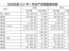 白云機(jī)場1月旅客吞吐量同比下降43.84%